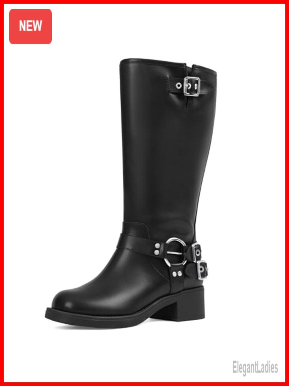 Wide Calf Knee High Moto Boots Women Buckle Block Heel Riding Boots